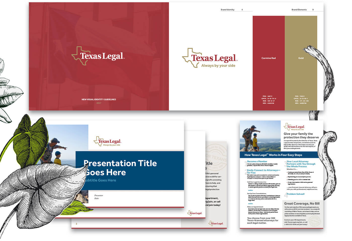 Texas Legal collateral, including the brand guidelines, powerpoint template, and informative brochure